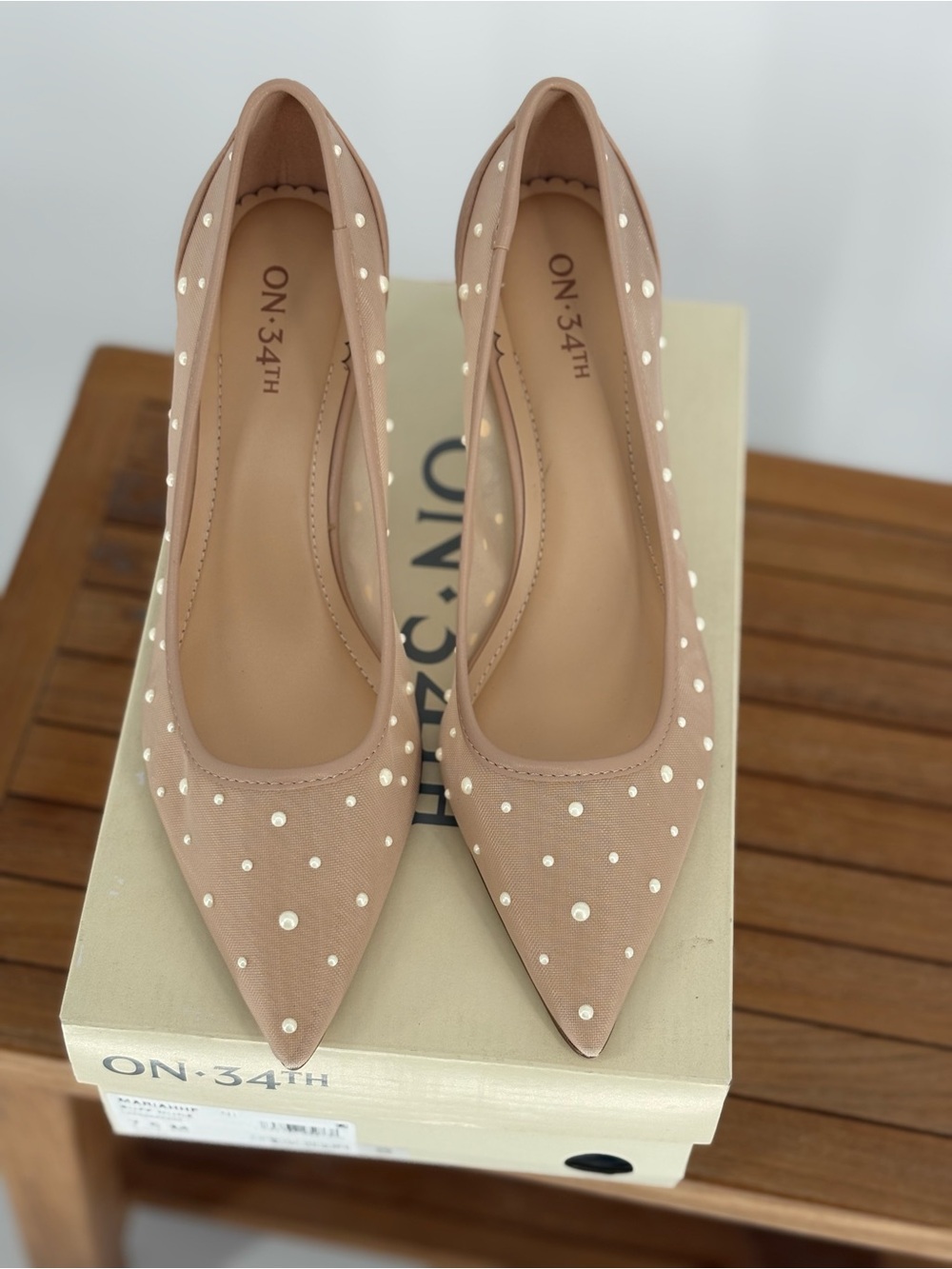 New On 34th Nude Pointed Toe Pearl-Embellished Flats size 7.5 M